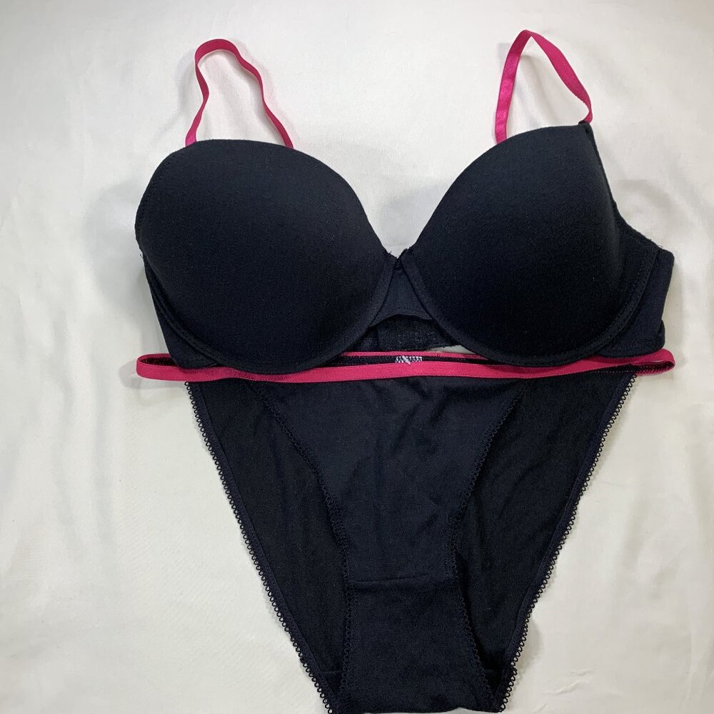 Women's Black/Pink Trim Bra & Panties Set Size 38D